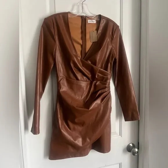 NWT Vestique Tan Faux Leather Wrap Dress | small - Picture 2 of 7